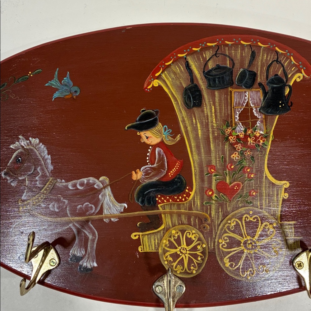 Tole Ware Coat Rack VTG Red Wall Decor W/ Brass Hooks Hand Painted Colorful Dog